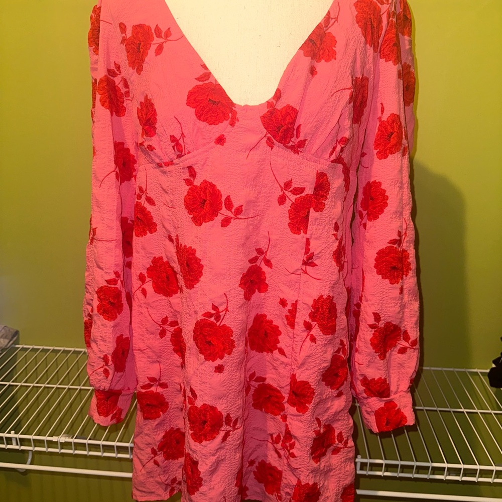 Crystal Doll Pink and Red Floral Long Sleeve Dress